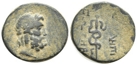 MYSIA. Pergamon. Ae (15mm, 2.94 g) (Mid-late 2nd century BC). Obv: Laureate head of Asklepios right. Rev: AΣKΛHΠIOY / ΣΩTHPOΣ. Serpent-entwined staff....