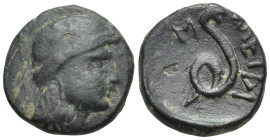 MYSIA. Pergamon. Philetairos. (200-133 BC.) AE. (14mm, 2.8 g) Helmeted head of Athena right. Rev. Coiled snake, head standing right, monogram to left.