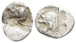 Mysia, Kyzikos AR Hemiobol. (8mm, 0.34 g) Circa 450-400 BC. Forepart of boar left; tunny upward to right / Head of roaring lion left, with four pointe...