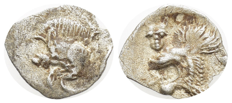 Mysia, Kyzikos. 525-475 B.C. AR hemiobol (7mm, 0,24 g) Forepart of boar left; to...