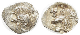 Mysia, Kyzikos. 525-475 B.C. AR hemiobol (7mm, 0,24 g) Forepart of boar left; to right, tunny behind; retrograde K on shoulder Rev. Head of roaring li...