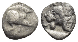 Mysia, Kyzikos. AR Hemiobol. (6mm, 0,2 g). Circa 450-400 BC. Obv: Forepart of boar right; to left, tunny upward. Rev: Head of lion left; retrograde K ...