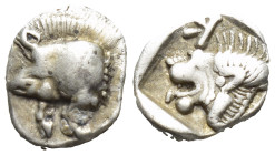 Mysia, Kyzikos. AR Obol. Circa 450-400 BC (0.8 Gr. 8mm.) 
Forepart of boar left, tunny upward to right. 
Rev. Head of roaring lion left; retrograde K ...