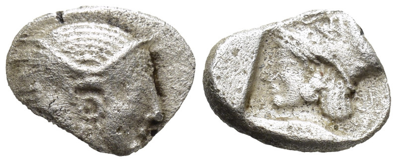 Mysia, Lampsakos AR Diobol. (8mm, 1.1 g) c. 500-450. Female janiform head / Helm...