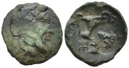 Mysia, Lampsakos. AE. (16mm. 1,9 g) ca. 190-85 BC. Obv.: Bearded head of Priapos right, wreathed with ivy . Rev.: Kantharos; [ΛΑΜ] to right, monogram ...