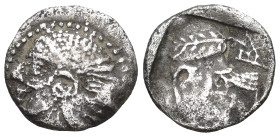 Mysia. Lampsakos 400-300 BC. Obol AR ( 0.74 Gr. 10mm.)
Female janiform head 
Rev. Head of Athena left, wearing Corinthian helmet. All within incuse sq...