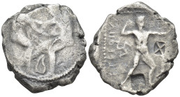 PAMPHYLIA, Aspendos. Circa 420-410 BC. AR Stater (21mm, 10.2 g). Two wrestlers, nude, grappling / Slinger in throwing stance right; triskeles to left.