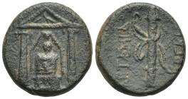 PAMPHYLIA. Perge.(3rd century BC).Ae. (15mm, 3.5 g) Obv : Cult statue of Artemis Pergaion within distyle temple. Rev : ΑΡΤΕΜΙΔOΣ / ΠΕΡΓΑΙΑΣ. Bow and q...