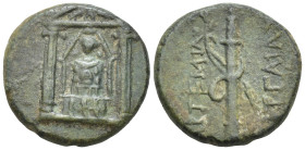 PAMPHYLIA. Perge.(3rd century BC).Ae. (16mm, 4.4 g) Obv : Cult statue of Artemis Pergaion within distyle temple. Rev : ΑΡΤΕΜΙΔOΣ / ΠΕΡΓΑΙΑΣ. Bow and q...