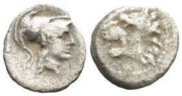 PAMPHYLIA. Side. (3rd-2nd centuries BC). AR Obol. (0.3 Gr. 9mm.) 
Helmeted head of Athena right. 
Rev. Head of lion left with open mouth.