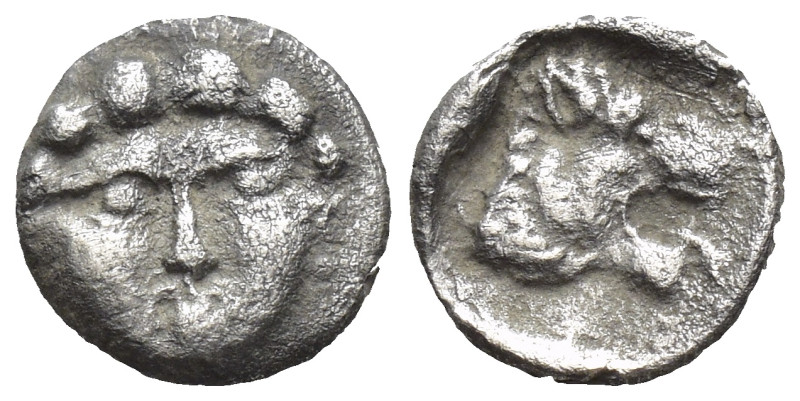 Pamphylia, Aspendos, c. 420-360 BC. AR Hemiobol (8mm, 0.4 g). Facing gorgoneion....