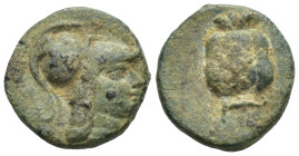 Pamphylia, Side, 2nd-1st centuries BC. AE (1.5 Gr. 11mm).
 Helmeted head of Athena right. 
 Rev. Pomegranate.