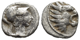 Pamphylia. Side circa 250-150 BC. Obol AR (0.6 Gr. 8mm.)
 Head of Athena to right; wearing corinthian helmet 
Rev. Head of roaring lion right.