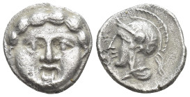 Pisidia, Selge AR Obol (9mm, 0,9 g) ca 350-300 BC Obv: Facing gorgoneion. Rev: Helmeted head of Athena left.