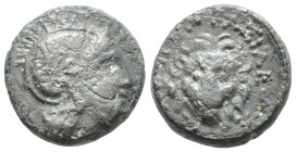Thrace, Lysimachos . Lysimacheia, circa 305-281 BC. AE (1.7 Gr. 11mm.)
Helmeted head of Athena to right 
Rev. Facing head of lion; ΒΑΣΙΛΕΩΣ ΛΥΣΙΜΑΧΟΥ ...