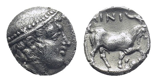THRACE: Ainos, AR diobol ca. 435-405 BC, (1.2 Gr. 10mm.)
Head of Hermes right, ...