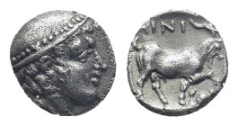 THRACE: Ainos, AR diobol ca. 435-405 BC, (1.2 Gr. 10mm.)
Head of Hermes right, wearing petasos
Rev. Goat walking right, crab to lower right, AINI ab...