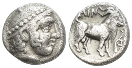 THRACE: Ainos, AR diobol ca. 435-405 BC, (1.2 Gr. 9mm.)
Head of Hermes right, wearing petasos 
Rev. Goat standing right; coiled serpent before.