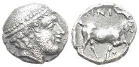 THRACE: Ainos, AR diobol , ca. 435-405 BC, (1.2 Gr. 10mm.)
Head of Hermes right, wearing petasos 
Rev. Goat walking right, crab to lower right, AINI a...
