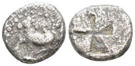 THRACE. Byzantion (Circa 340-320 BC) AR 1/10 Stater (1 Gr. 10mm.) 
 Bull standing left on dolphin 
Rev. Quadripartite millsail incuse.