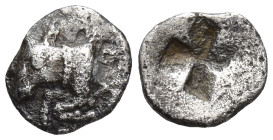 Thrace. Byzantion 387-340 BC. Hemiobol (0.3 Gr. 8mm.)
Forepart of bull left 
Rev. Quadripartite incuse square
