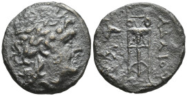 Kings of Thrace. Seleukid. Adaios 253-243 BC. Bronze Æ (19mm, 6.2 g) Laureate head of Apollo right / [A]ΔAIOY, tripod; two monograms to left.