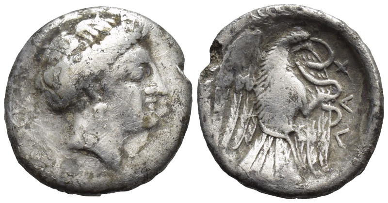 EUBOIA. Chalkis. Circa 338-308 BC. Drachm (3.1 Gr. 16mm.). 
Head of the nymph Ch...