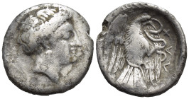 EUBOIA. Chalkis. Circa 338-308 BC. Drachm (3.1 Gr. 16mm.). 
Head of the nymph Chalkis to right, her hair in a roll, wearing pendant earring and neckla...