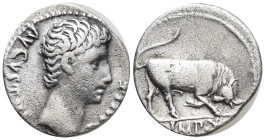 Augustus (27 BC-AD 14). AR denarius (16mm, 3.6 g). Lugdunum, ca. 15-13 BC. AVGVSTVS-DIVI•F, bare head of Augustus right / IMP•X, bull charging right, ...