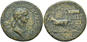 Agrippina Senior. Died AD 33. AE Sestertius (24 Gr. 36mm.). Rome 
Struck under Gaius (Caligula), AD 37-41. 
Draped bust right.
Rev. Two mules drawing ...