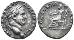 Vespasian AD 69-79. Antiochia Denar (3.3 Gr. 16mm.)
 Laureate head right 
Rev. Concordia seated left, holding patera and cornucopia.