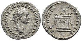 Domitian AD 69-81. Silver Denarius Rome, under Titus, AD 80. (3.2 Gr. 18mm.)
Laureate head of Domitian right. 
Rev. Lighted altar hung with garlands.