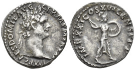 Domitian AD 81-96. Rome Denar (3.2 Gr. 18mm.)
Laureate head of Domitian right 
Rev. Minerva advancing right, holding spear in her right hand and shiel...