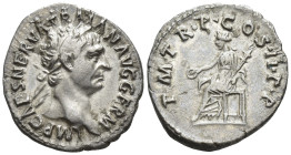 TRAJAN (98-117). Denarius. Rome. (3 Gr. 18mm.)
Laureate head right.
Rev. Pax seated left on throne, holding branch and caduceus.