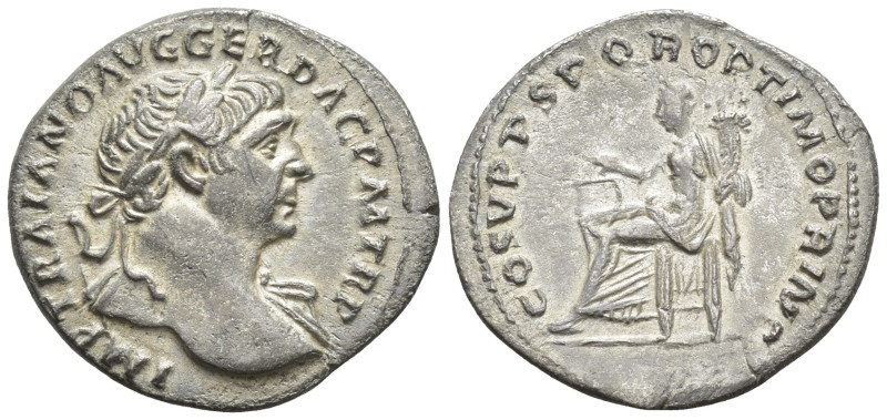 Trajan Rome, 108 AD. Denarius (2.8 Gr. 18mm.)
Laureate head right 
Rev. Aequitas...