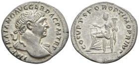 Trajan Rome, 108 AD. Denarius (2.8 Gr. 18mm.)
Laureate head right 
Rev. Aequitas seated left on throne, holding scales and cornucopia.