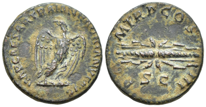 Hadrian (AD 117-138). AE quadrans. Rome. (3.3 Gr. 18mm.)
Eagle, standing right, ...