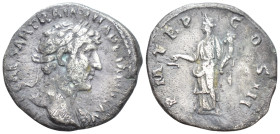 Hadrian AD 117-138. Rome Denarius AR (2.9 Gr. 17mm.)
Laureate bust right, drapery on far shoulder 
Rev. Aequitas standing left with scales and cornuco...