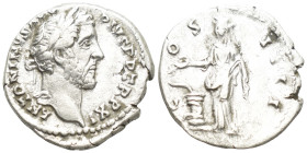 Antoninus Pius AD 138-161. Rome Denarius AR (3.4 Gr. 18mm.)
Laureate head right 
Rev. Vesta standing left, sacrificing with patera over altar and hold...