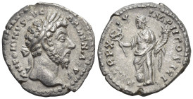 Marcus Aurelius AD 161-180. Rome Denar (2.6 Gr. 18mm.)
Draped bust right 
Rev. Felicitas stands left, holding caduceus and corcicopia.