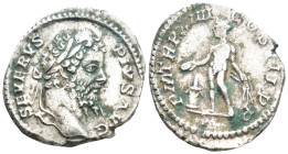 Septimius Severus (193-211 AD), AR Denarius. (2.7 Gr. 17mm.)
Laureate head right. 
Rev. Genius, naked, standing front, sacrificing out of patera over ...