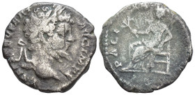 Septimius Severus (193-211 AD). Rome AR Denarius (2.6 Gr. 16mm.)
 Laureate head right 
Rev. Pax seated to left, holding branch and sceptre.