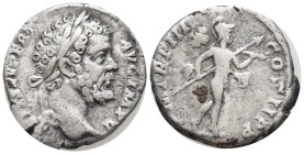 Septimius Severus. (193-211). Denarius. (16mm, 3.3 g) Rome. Obv: L SEPT SEV PERT AVG IMP V. Laureate head right. Rev: P M TR P III COS II P P. Mars ad...