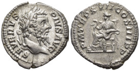 Septimius Severus. A.D. 193-211.Denarius Rome (3.1 Gr. 19mm.)
Laureate head right 
Rev. Salus seated left, feeding serpent on knee.