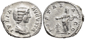 Julia Domna (193-217) AR, Denarius. (3 Gr. 19mm.)
Bust of Julia Domna, hair waved and coiled at back, draped, right. 
Rev. Pietas, veiled, draped, sta...