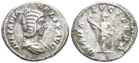 Julia Domna, AD 193-217. AR, Denarius. (16mm, 3.1 g). Rome. Obv: IVLIA PIA FELIX AVG. Bust of Julia Domna, hair elaborately waved in ridges and turned...