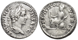 Caracalla, 198-217. Denarius (16mm, 2.9 g), Rome, 207. ANTONINVS PIVS AVG Laureate head of Caracalla to right. Rev. RESTITVTOR VRBIS Roma seated left ...