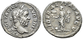 Geta AD 198-211. Rome Denarius AR (3 Gr. 17mm.)
Laureate head right 
Rev. Liberalitas standing left, holding abacus and cornucopia; globus to left.