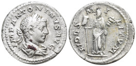 Elagabalus AD 218-222. Rome Denarius AR (18mm, 2,6 g) IMP ANTONINVS AVG, laureate, and draped bust right / FIDES MILITVM, Fides standing half-left, he...