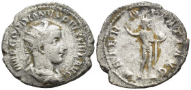 Gordian III. Antoninianus. 241-243 AD. Rome. (3.8 Gr. 21mm.)
Radiate, draped and cuirassed bust to right. 
Rev. Sol standing to left, raising hand and...